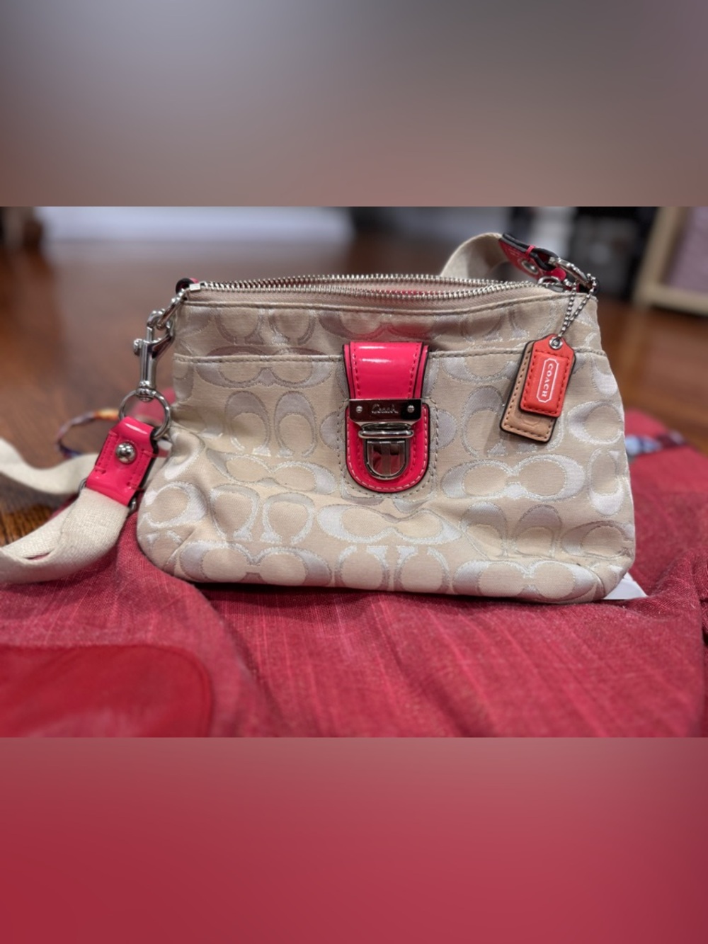 Coach Beige Signature Canvas Wristlet with Coral Patent Accent